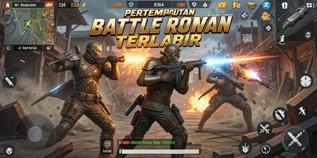 Screenshot utama menunjukkan aksi seru dalam pertempuran Battle Royale.