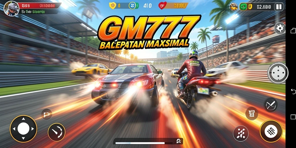 Screenshot gameplay GM777 menampilkan balapan mendebarkan dengan mobil yang melaju kencang.