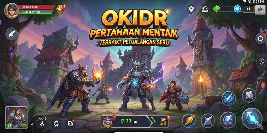 Screenshot OKIDR menampilkan aksi menara dengan musuh beragam.