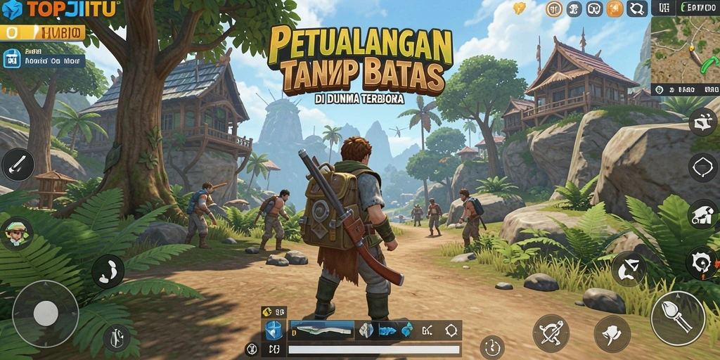 Screenshot gameplay TOPJITU menunjukkan petualangan seru di dunia terbuka.